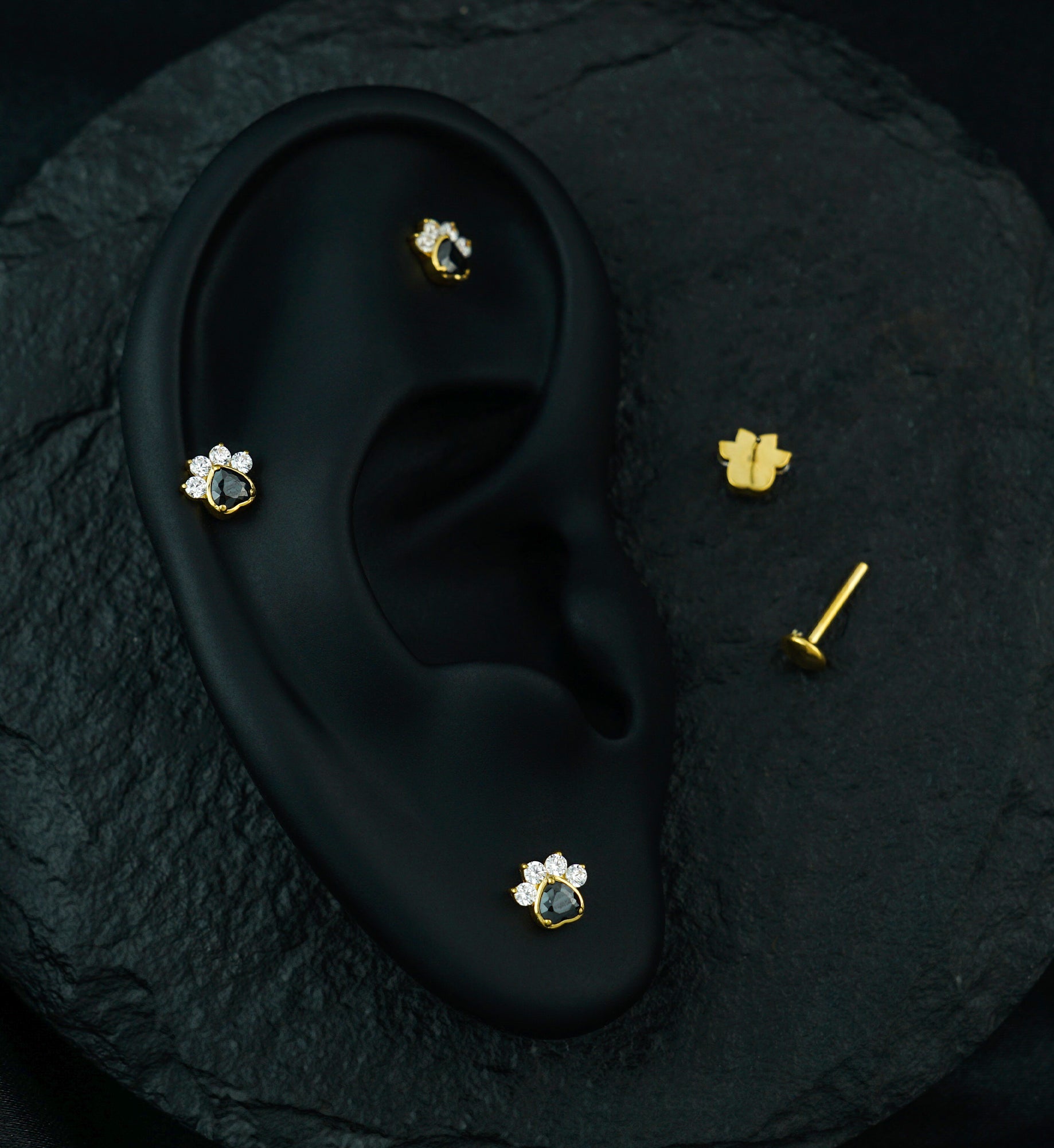 Gold PVD Pet Paw Clear And Black CZ Threadless Titanium Labret