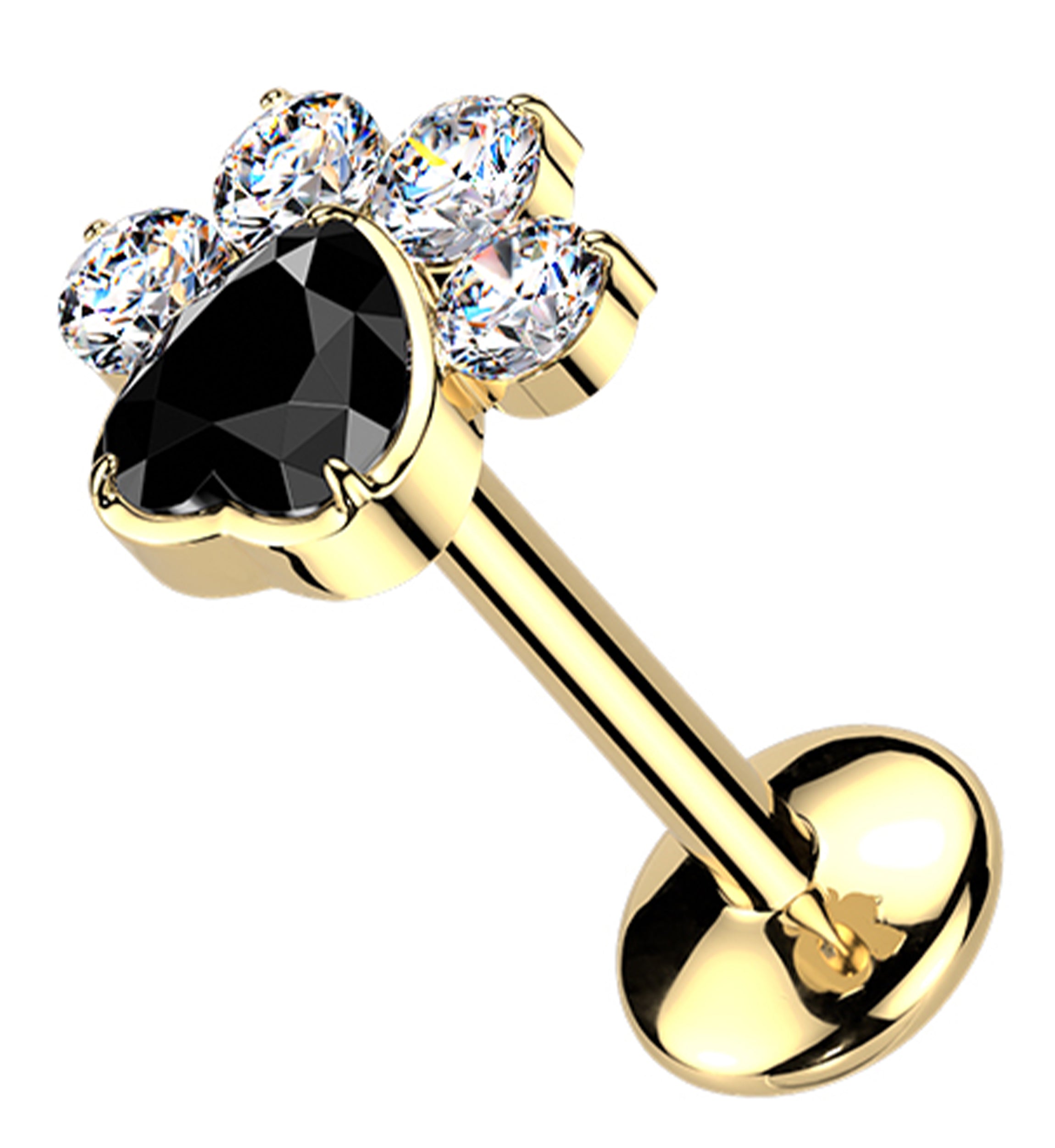 Gold PVD Pet Paw Clear And Black CZ Threadless Titanium Labret