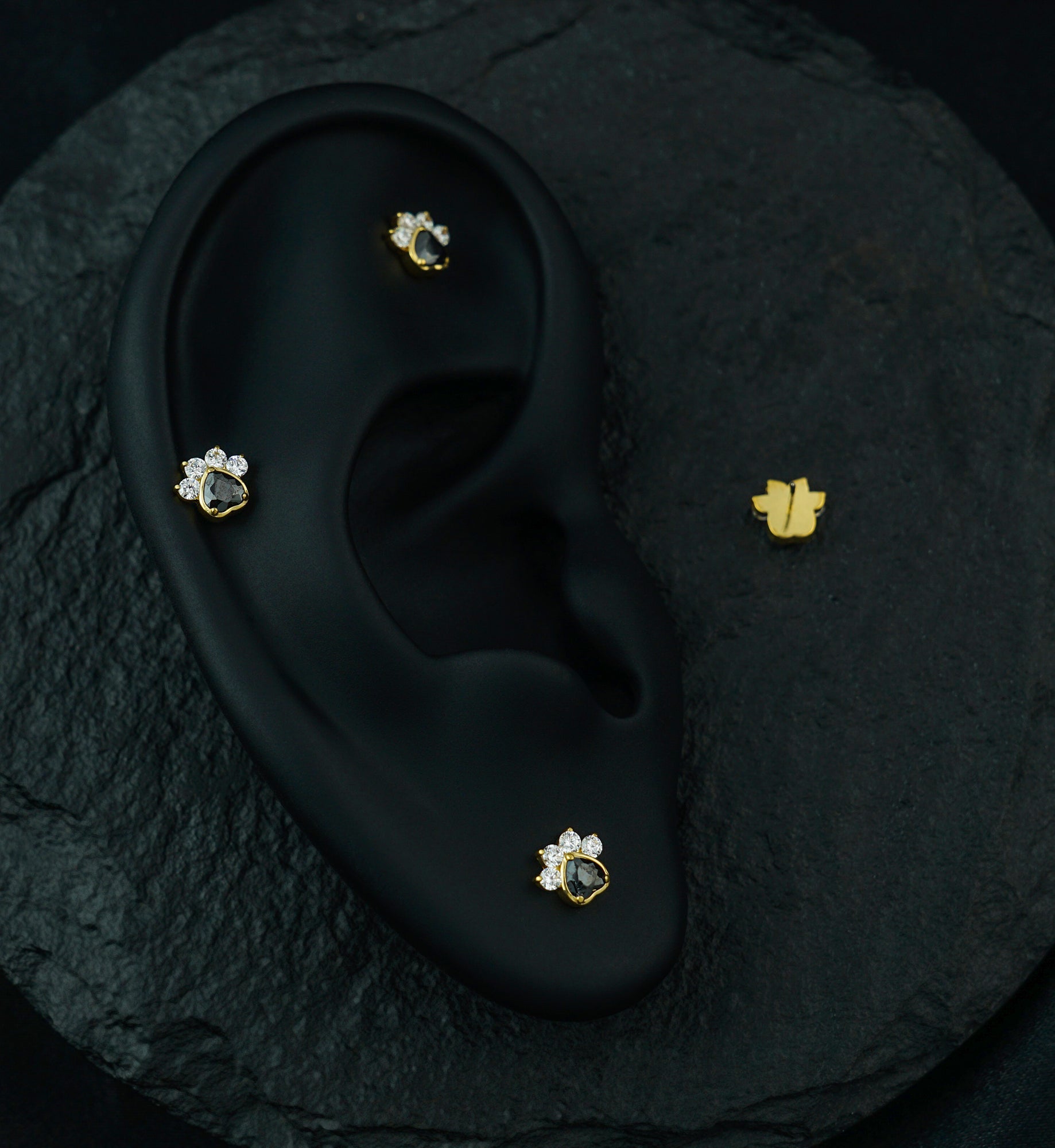 Gold PVD Pet Paw Clear And Black CZ Threadless Titanium Top