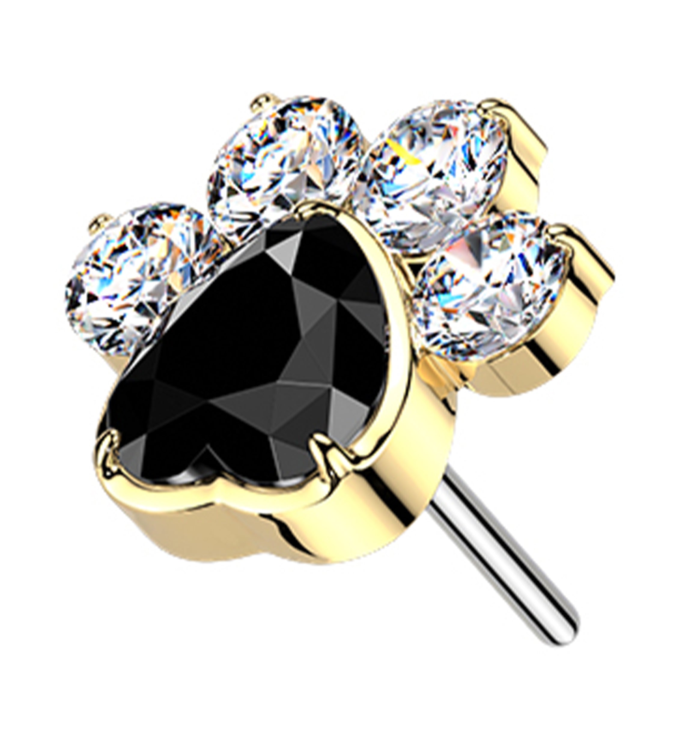 Gold PVD Pet Paw Clear And Black CZ Threadless Titanium Top