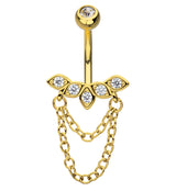 Gold PVD Petal Arch Clear CZ Double Dangle Chain Stainless Steel Belly Button Ring