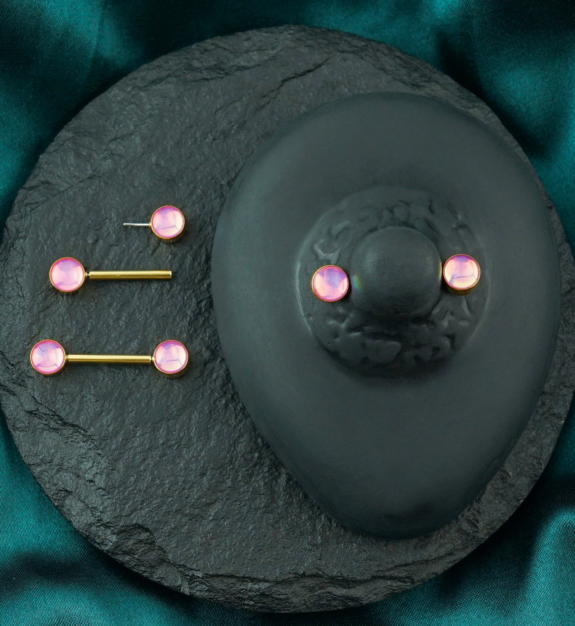 Gold PVD Pink Iridescent Gem Stainless Steel Nipple Ring Barbell