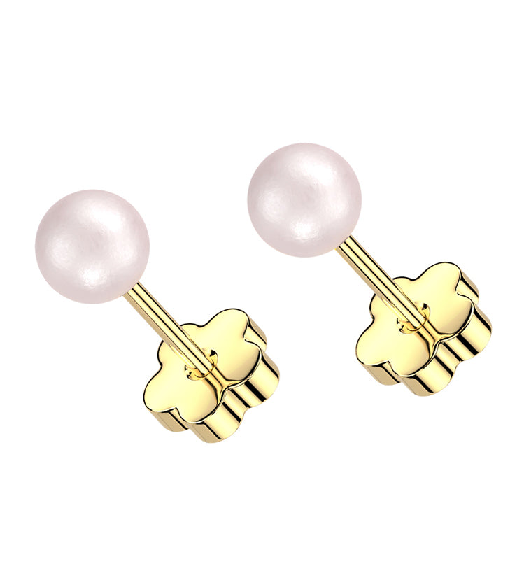 Gold PVD Pink Pearl Stainless Steel Flower Back Stud Earrings