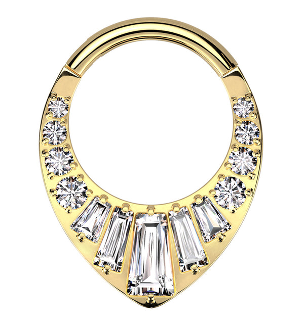 Gold PVD Point Baguette Clear CZ Titanium Hinged Segment Ring