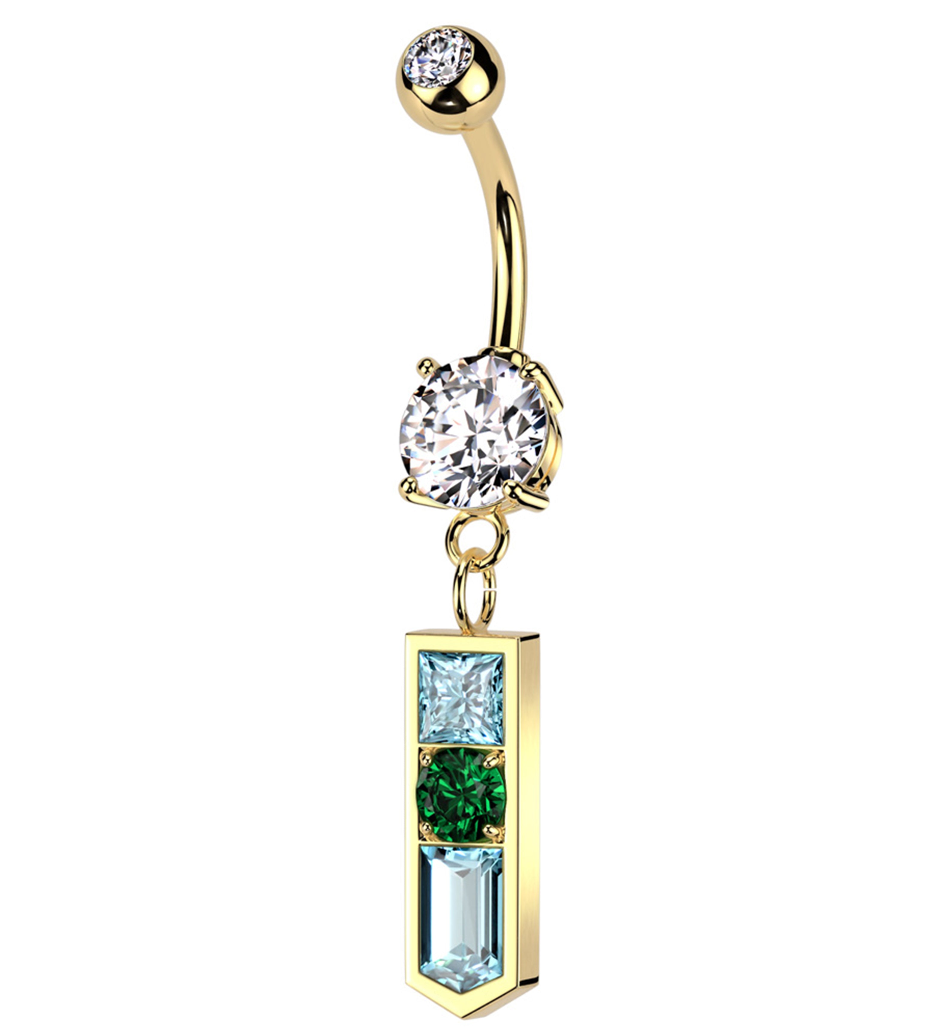 Gold PVD Pointed Baguette Multi CZ Dangle Stainless Steel Belly Button Ring