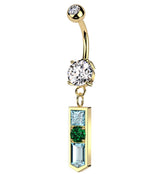 Gold PVD Pointed Baguette Multi CZ Dangle Stainless Steel Belly Button Ring