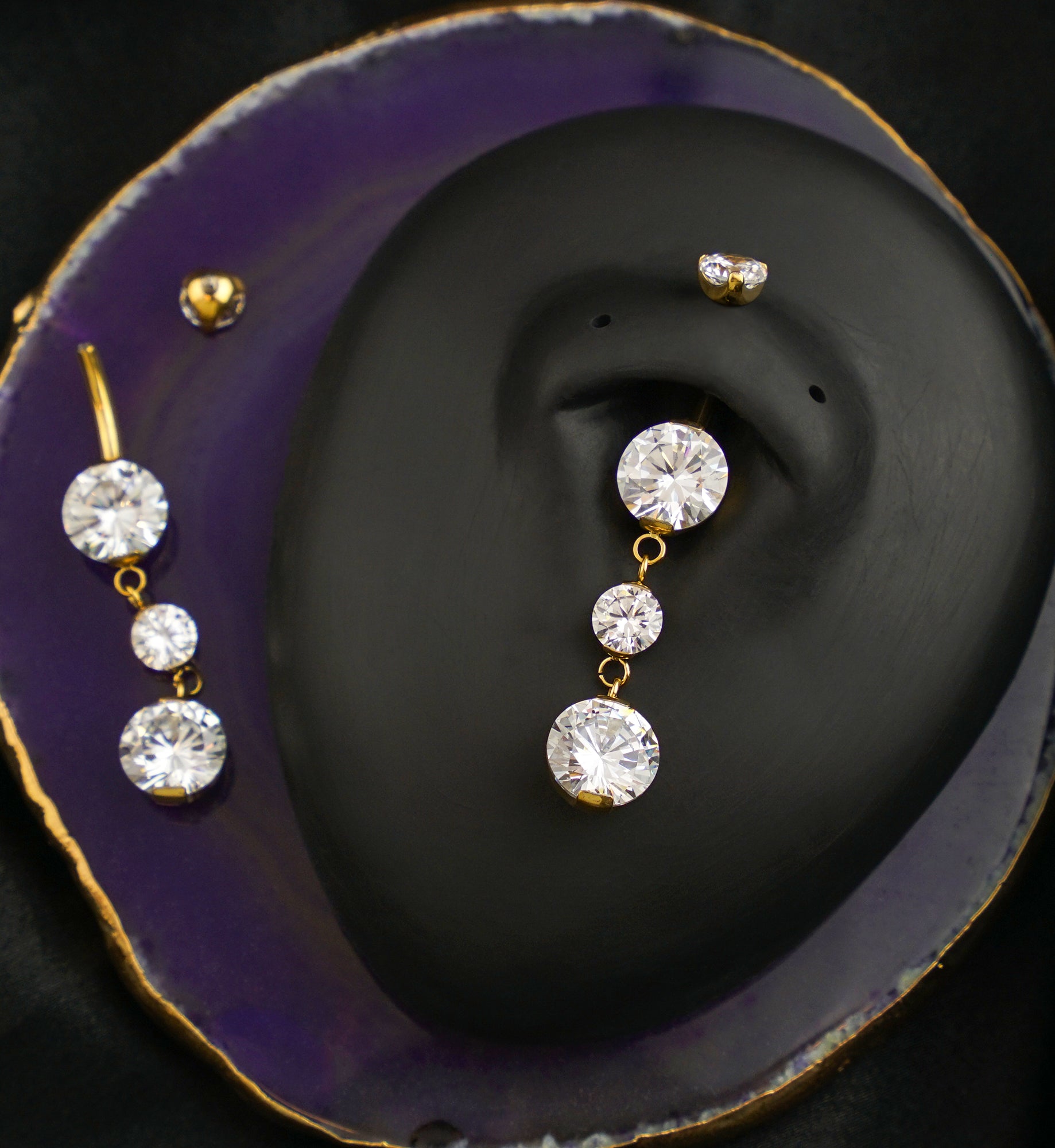 Gold PVD Triple Prong Clear CZ Dangle Titanium Internally Threaded Belly Button Ring