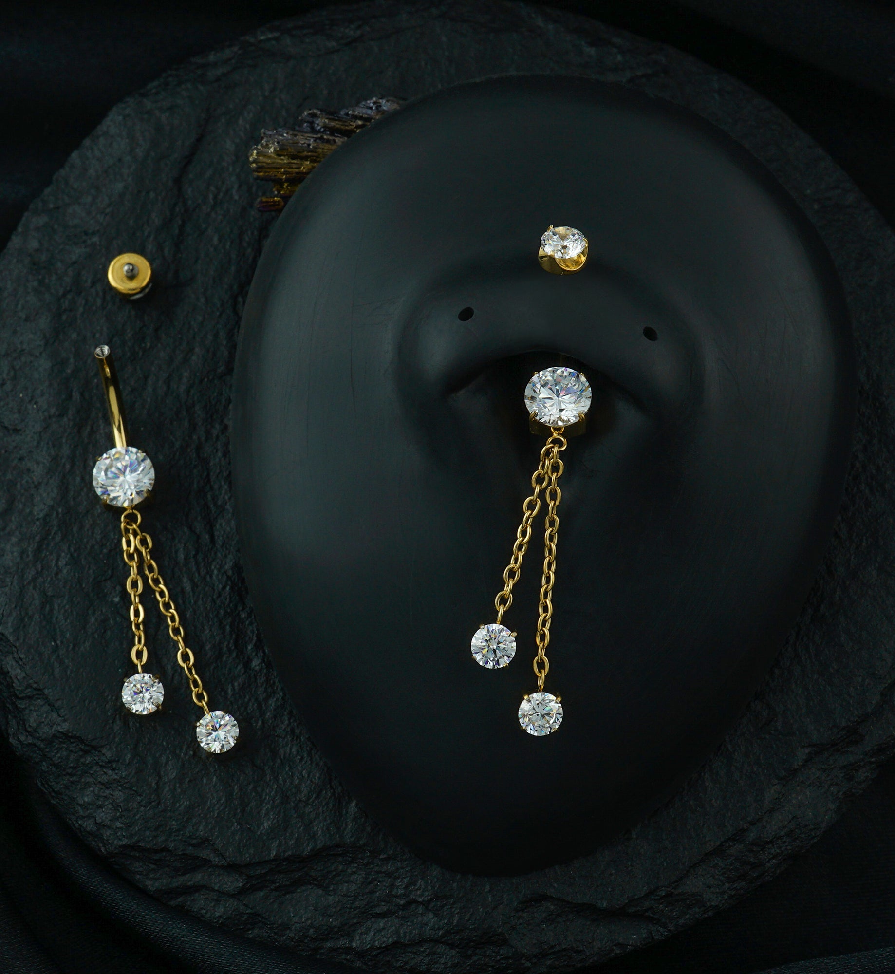 Gold PVD Prong Clear CZ Double Dangle Chain Titanium Internally Threaded Belly Button Ring