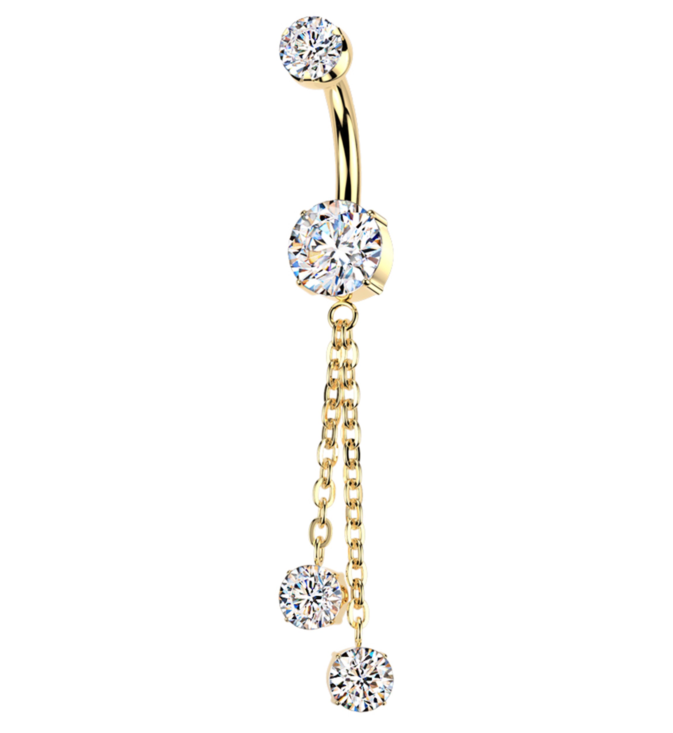 Gold PVD Prong Clear CZ Double Dangle Chain Titanium Internally Threaded Belly Button Ring