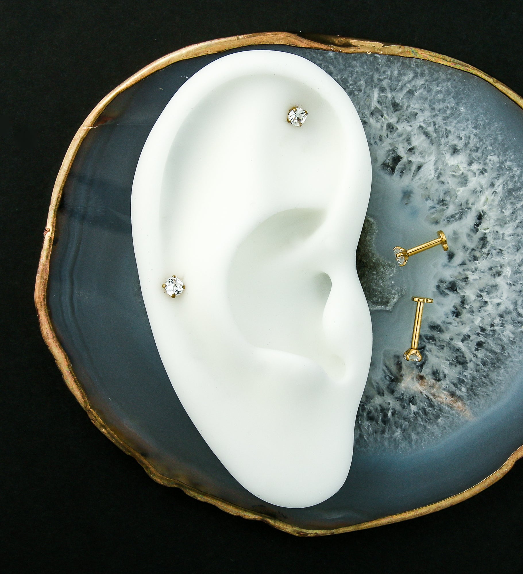 Gold PVD Prong Clear CZ Internally Threaded Titanium Heart Disk Labret