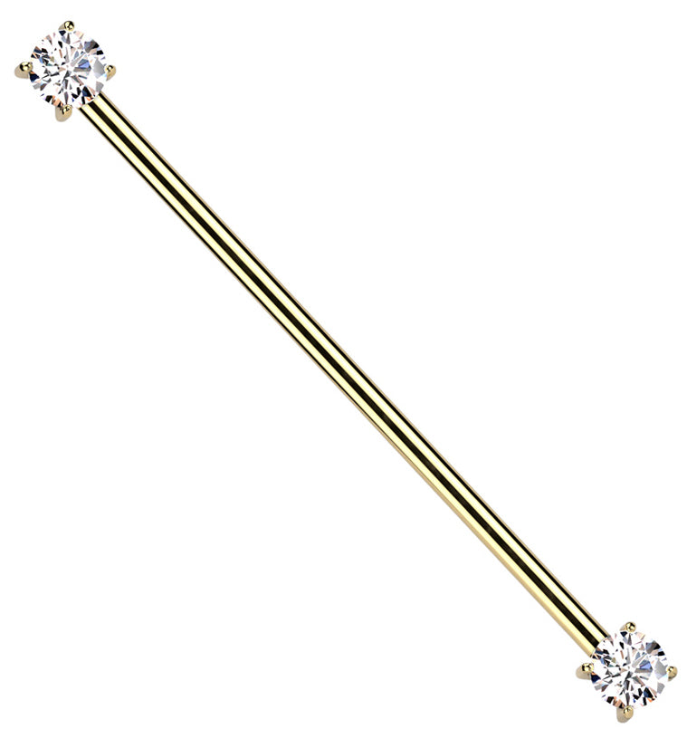 Gold PVD Prong Clear CZ Threadless Titanium Industrial Barbell
