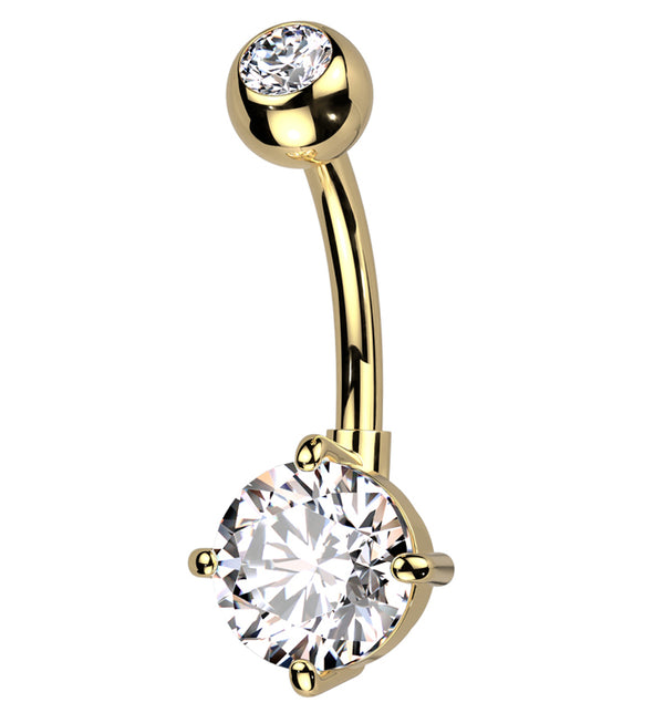 Gold PVD Prong Clear CZ Titanium Belly Button Ring