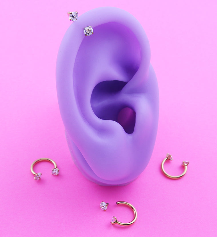 Gold PVD Prong Clear CZ Titanium Internally Threaded Circular Barbell