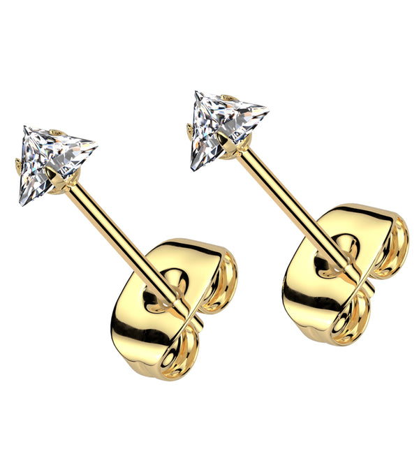 Gold PVD Prong Triangle Clear CZ Stainless Steel Stud Earrings