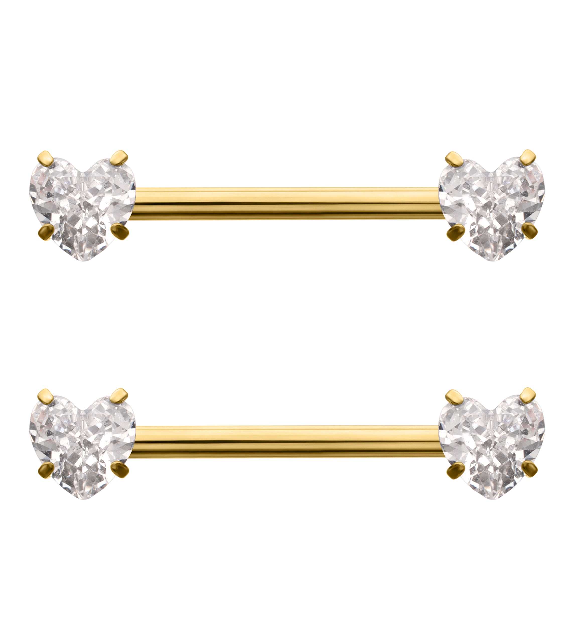 Gold PVD Prong Heart Clear CZ Internally Threaded Titanium Nipple Barbell