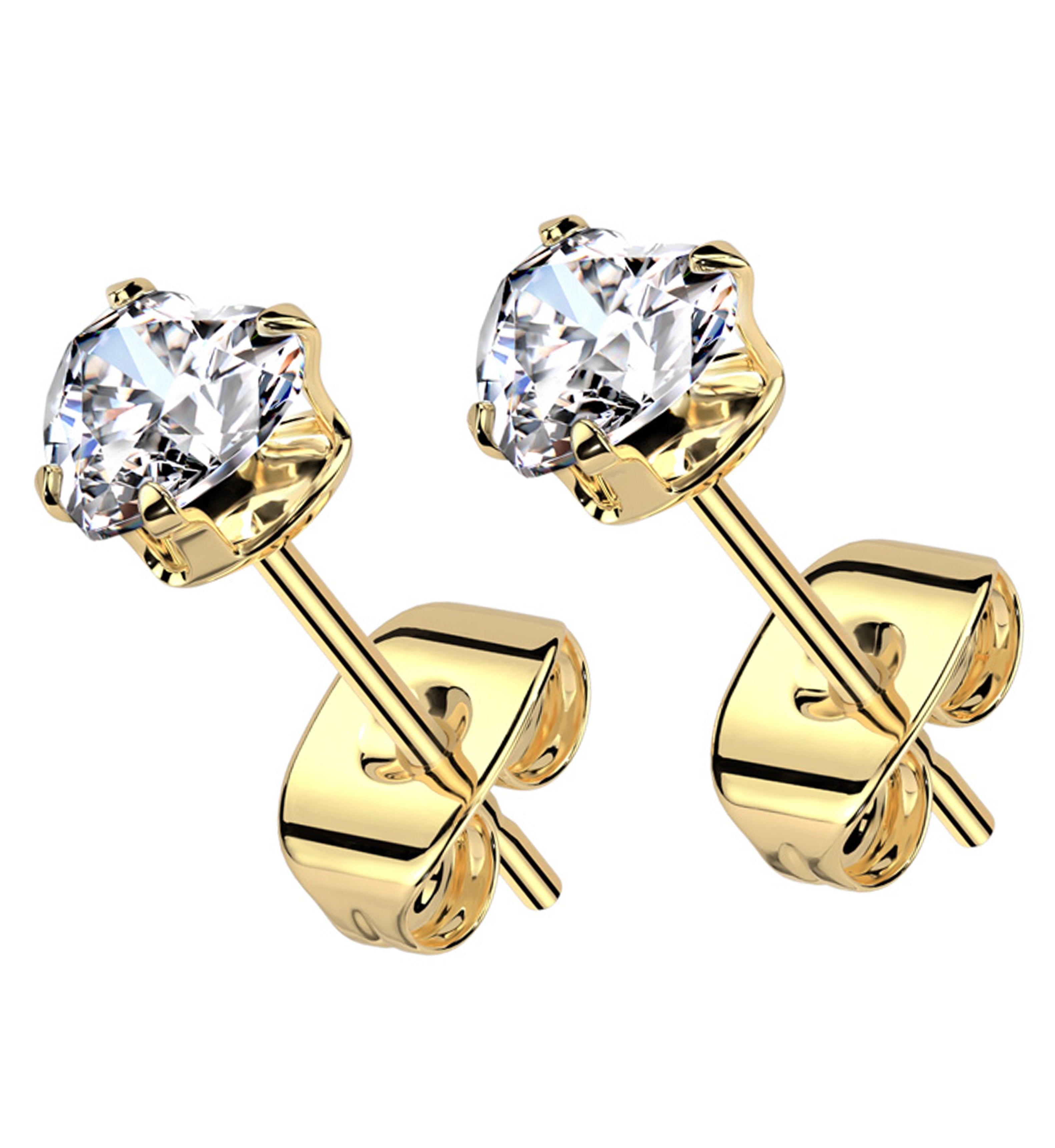 Gold PVD Prong Heart Clear CZ Stainless Steel Stud Earrings
