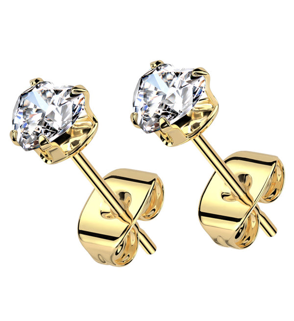 Gold PVD Prong Heart Clear CZ Stainless Steel Stud Earrings