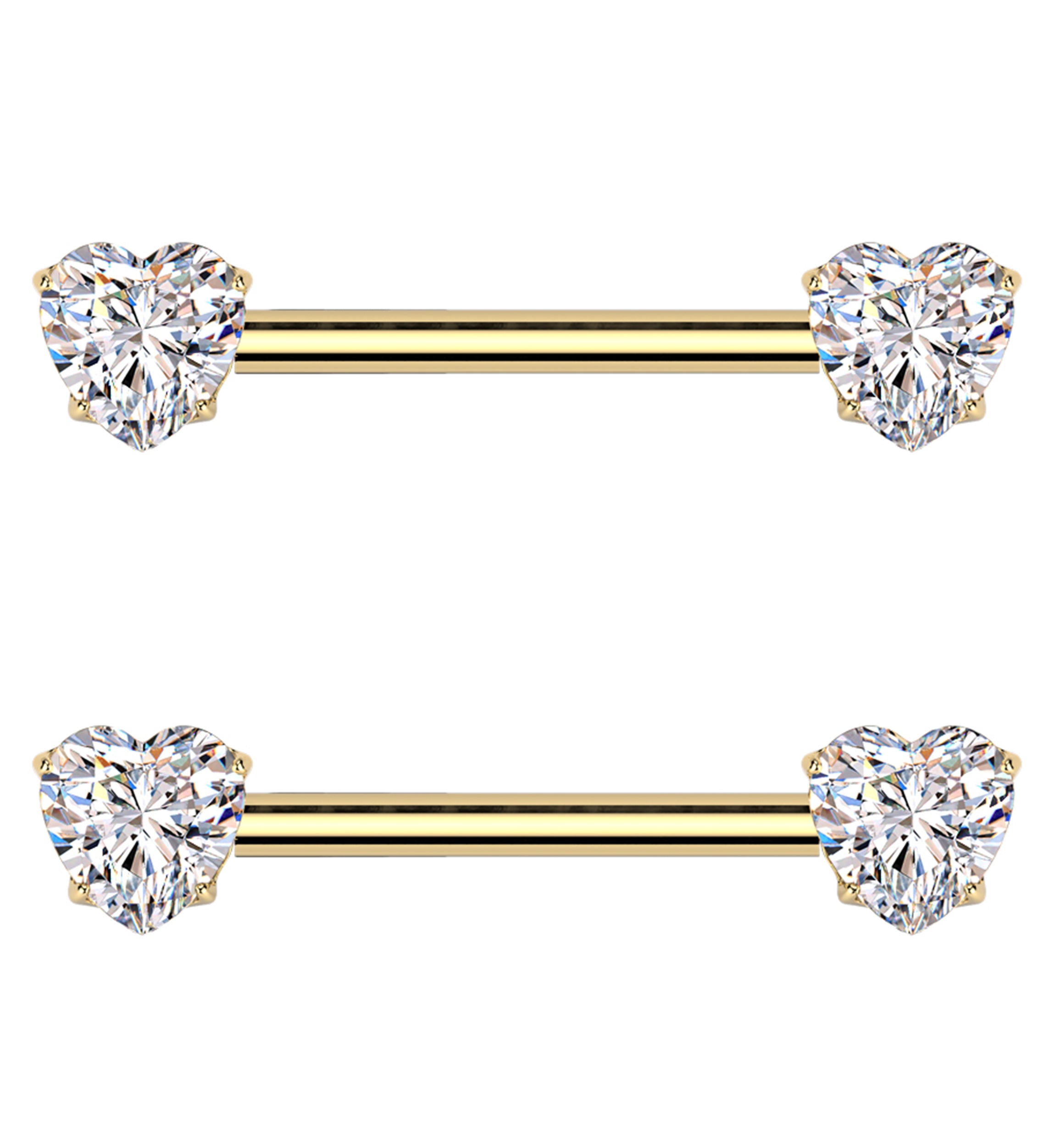 Gold PVD Prong Heart Clear CZ Threadless Titanium Nipple Barbell