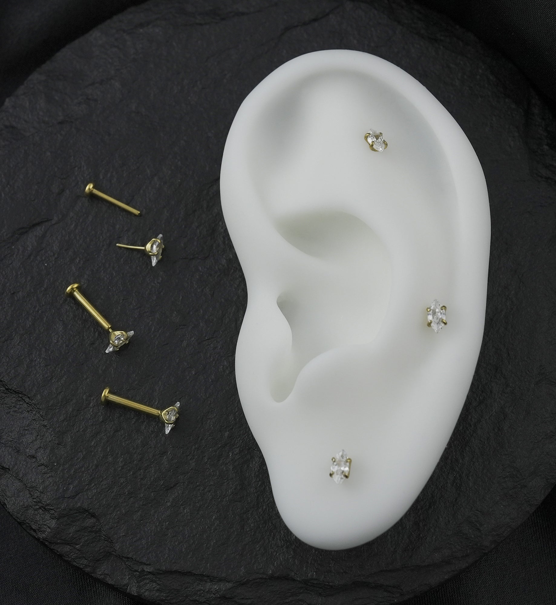 Gold PVD Prong Marquise Clear CZ Threadless Titanium Flat Disk Labret