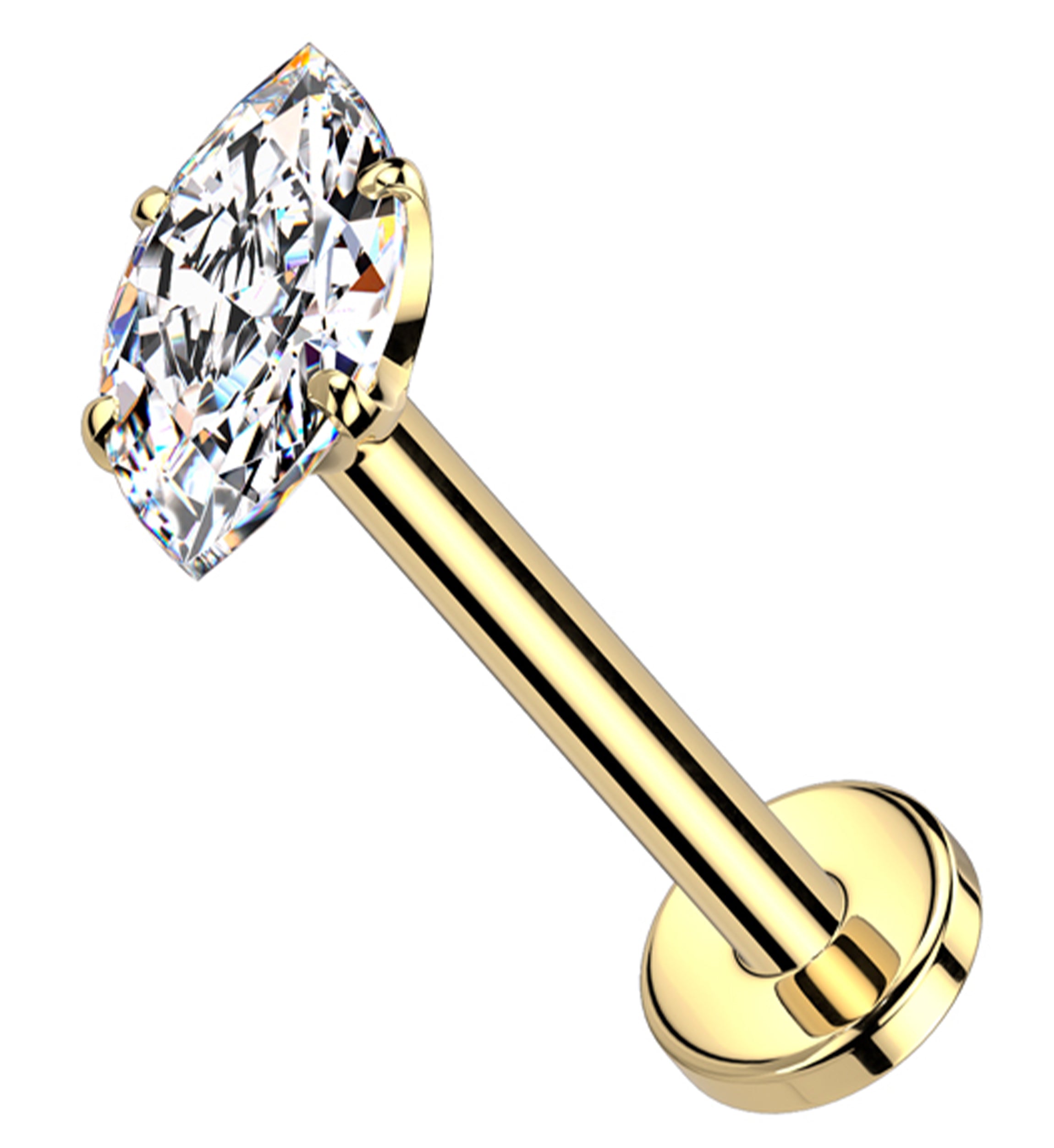 Gold PVD Prong Marquise Clear CZ Threadless Titanium Flat Disk Labret