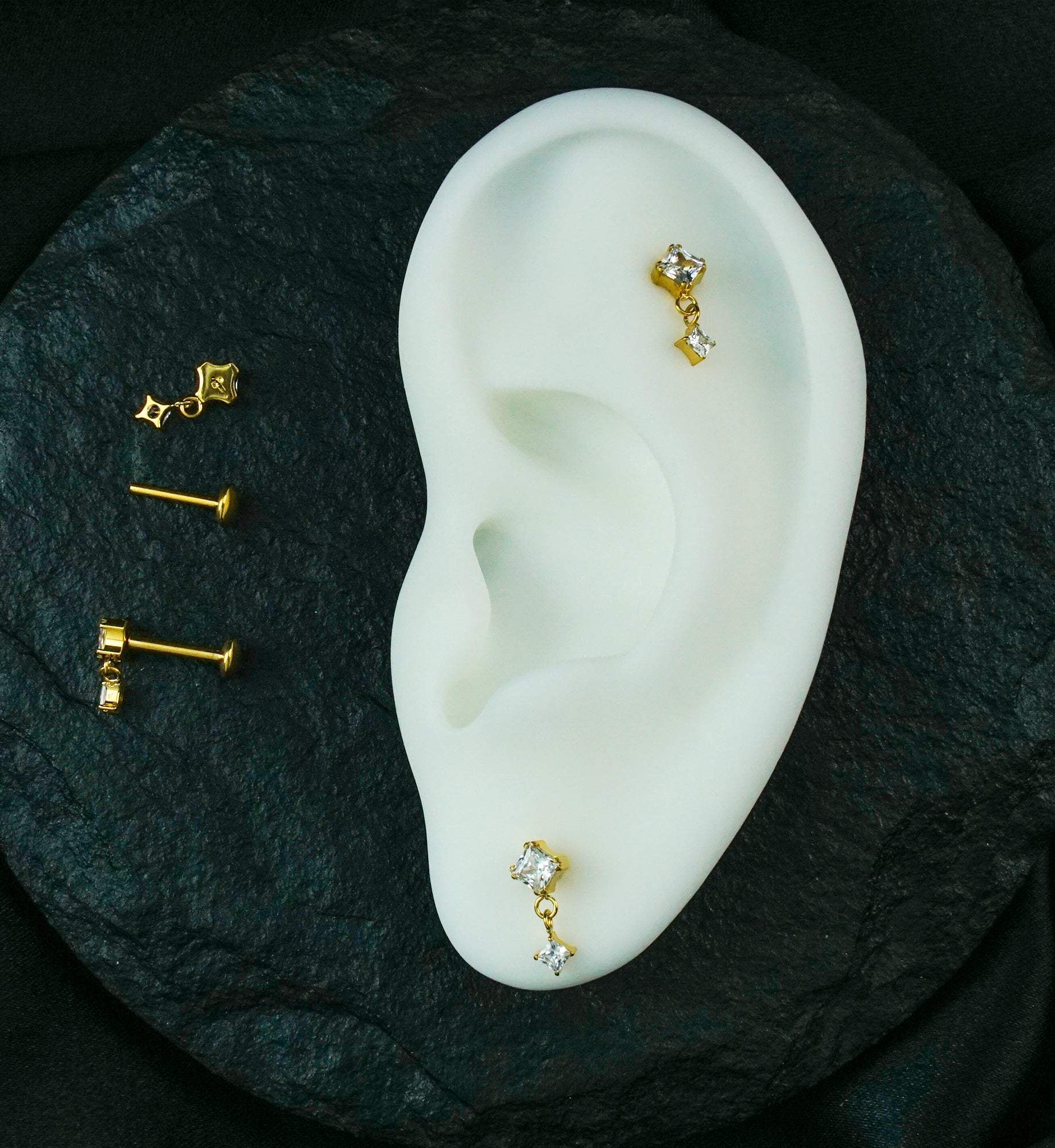 Gold PVD Prong Rhombus Clear CZ Dangle Titanium Convex Disk Labret