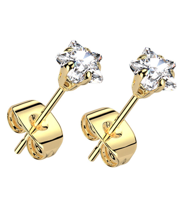 Gold PVD Prong Star Clear CZ Stainless Steel Stud Earrings