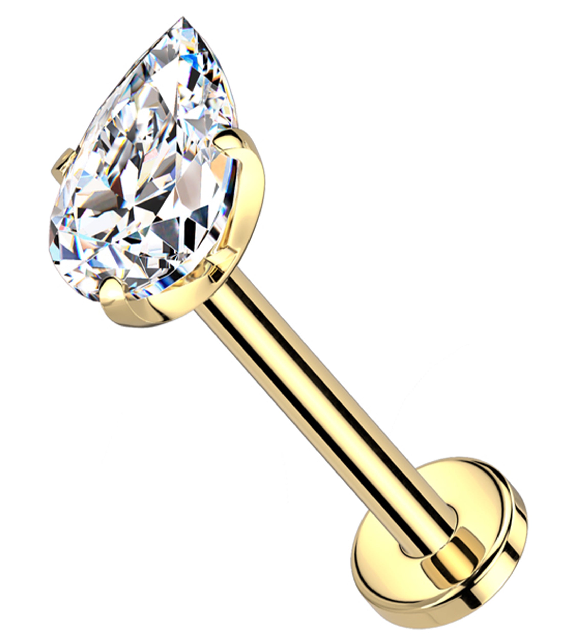 Gold PVD Prong Teardrop Clear CZ Threadless Titanium Flat Disk Labret