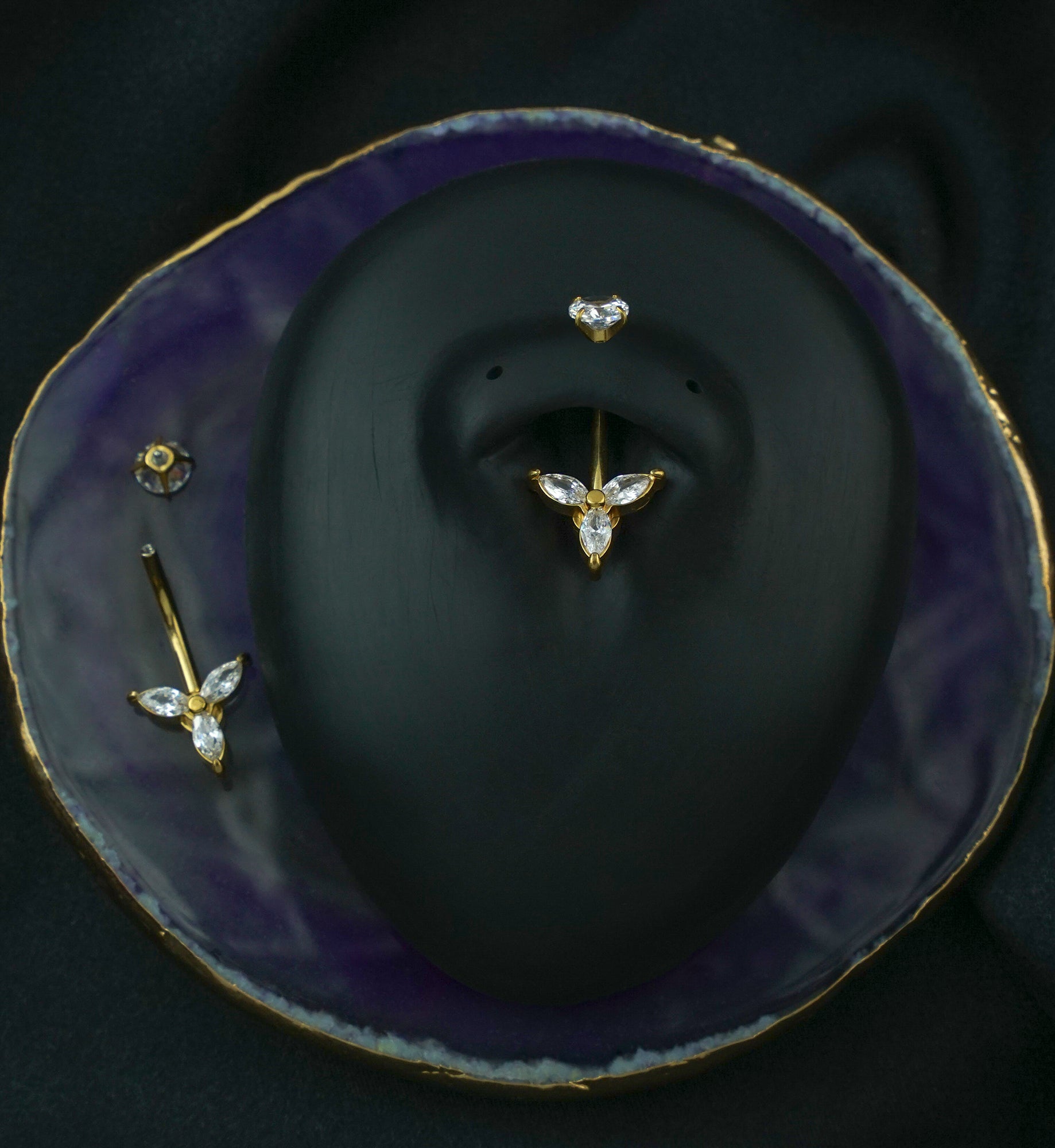 Gold PVD Propeller Clear CZ Internally Threaded Stainless Steel Belly Button Ring