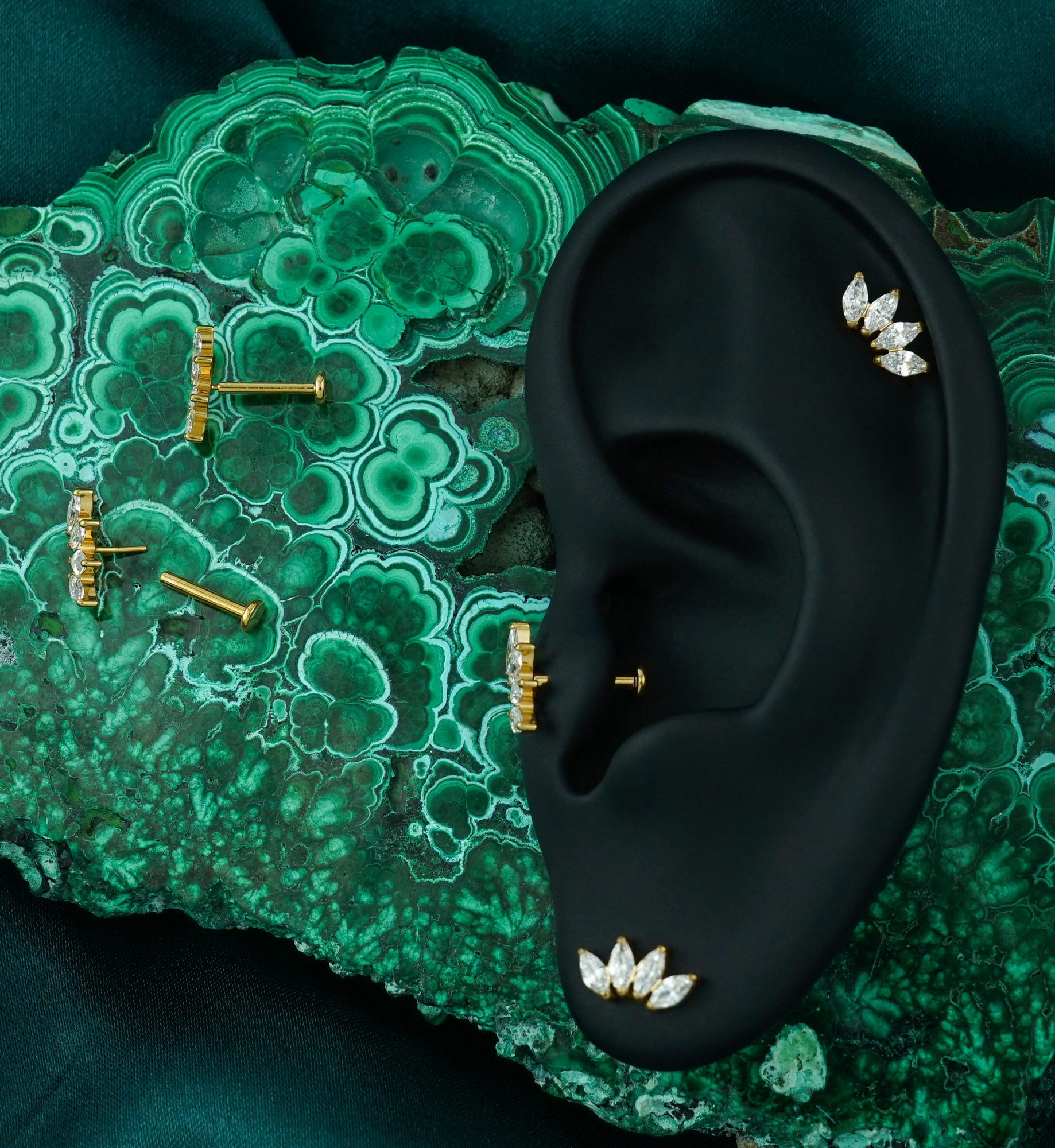 Gold PVD Quartet Clear CZ Threadless Titanium Flat Disk Labret