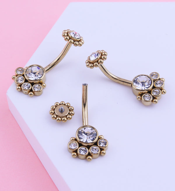 Gold PVD Quinary Clear CZ Beaded Top Internally Threaded Stainless Steel Belly Button Ring