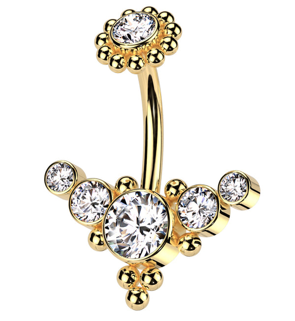 Gold PVD Quinary Curve Clear CZ Beaded Top Internally Threaded Stainless Steel Belly Button Ring