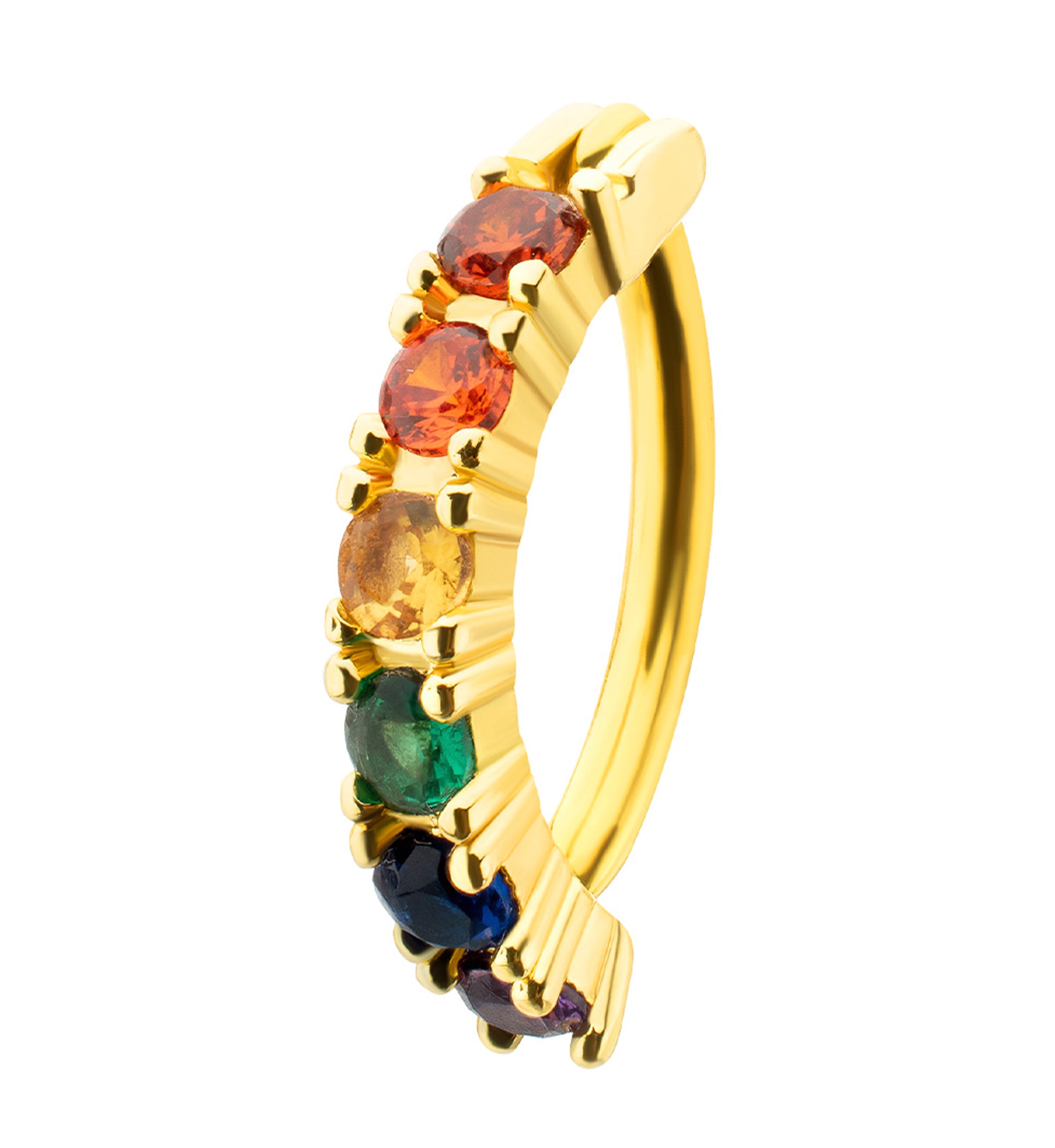 Gold PVD Rainbow Prong CZ Stainless Steel Hinged Belly Button Ring