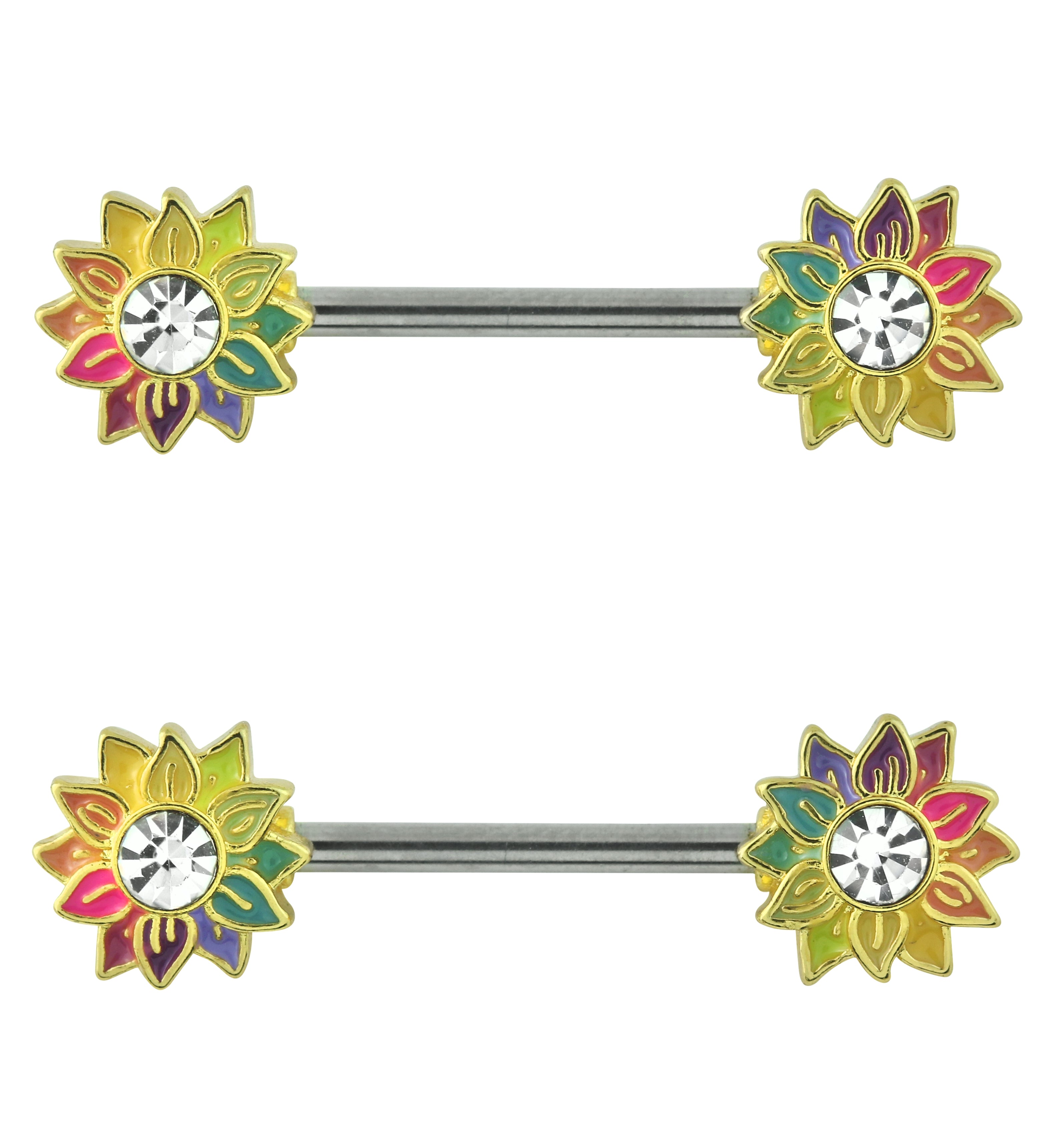 Gold PVD Rainbow Sunflower Clear CZ Stainless Steel Nipple Barbell