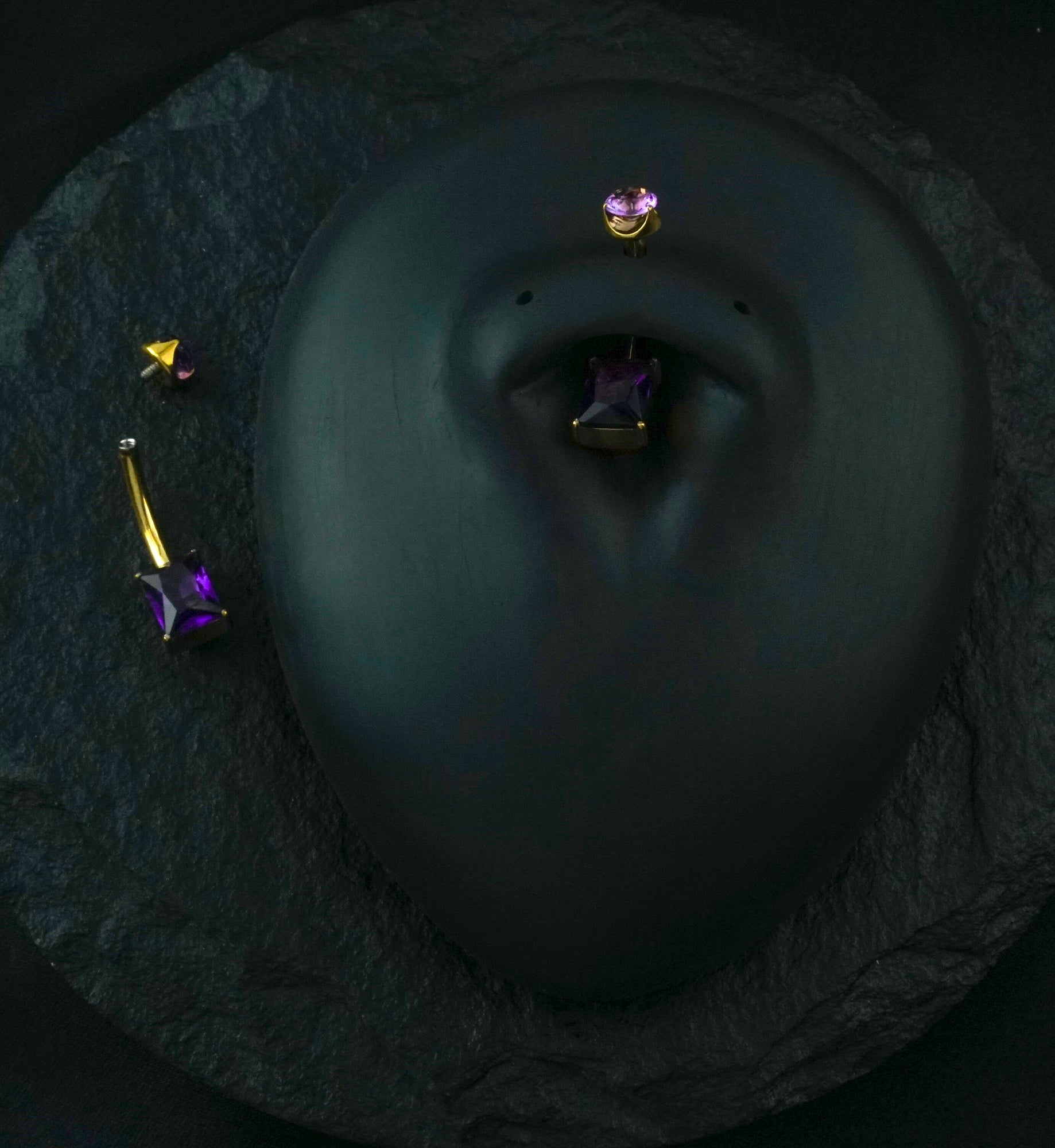 Gold PVD Rectangle Amethyst Stone Titanium Internally Threaded Belly Button Ring