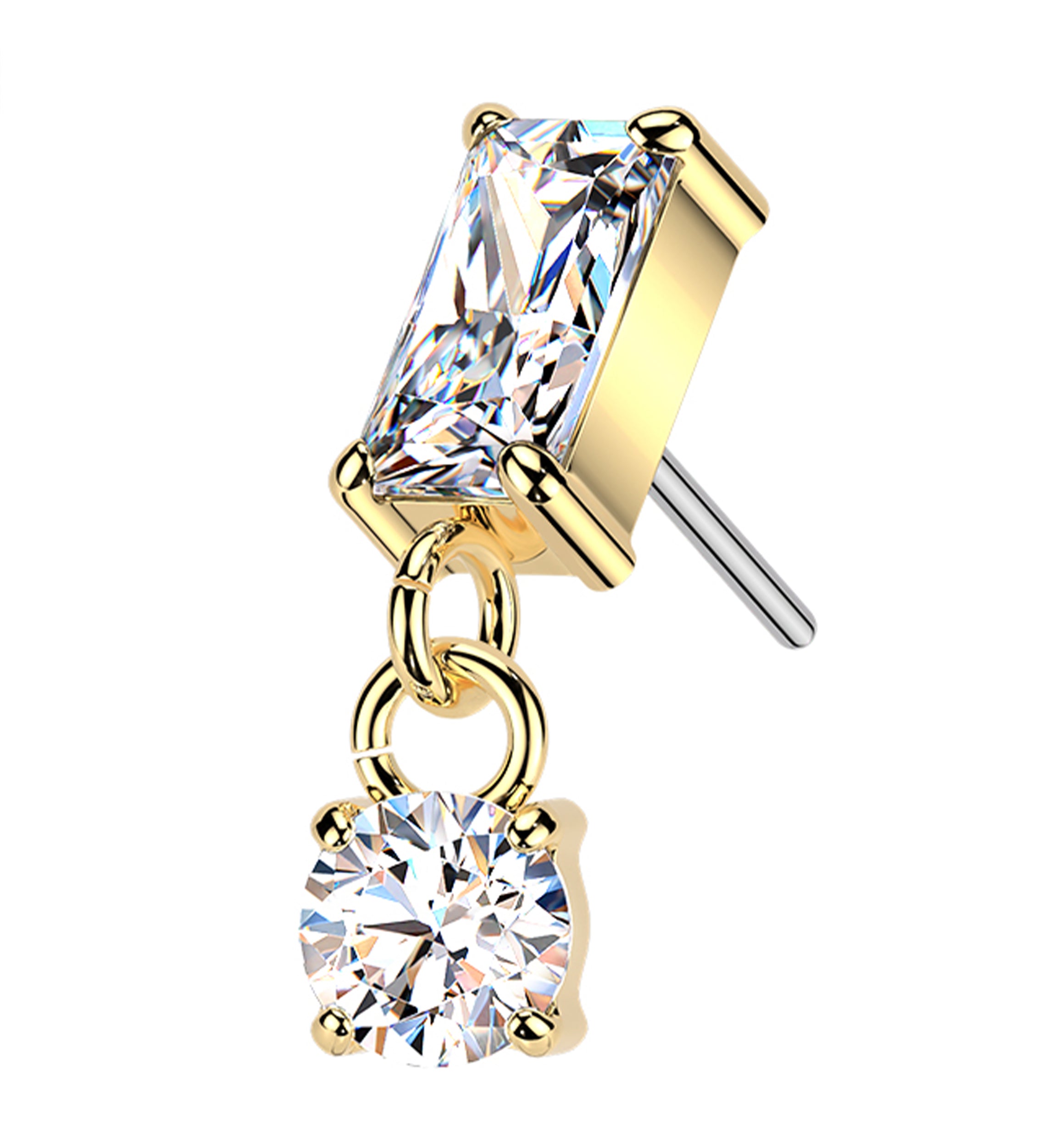 Gold PVD Rectangle Clear CZ Dangle Titanium Threadless Top