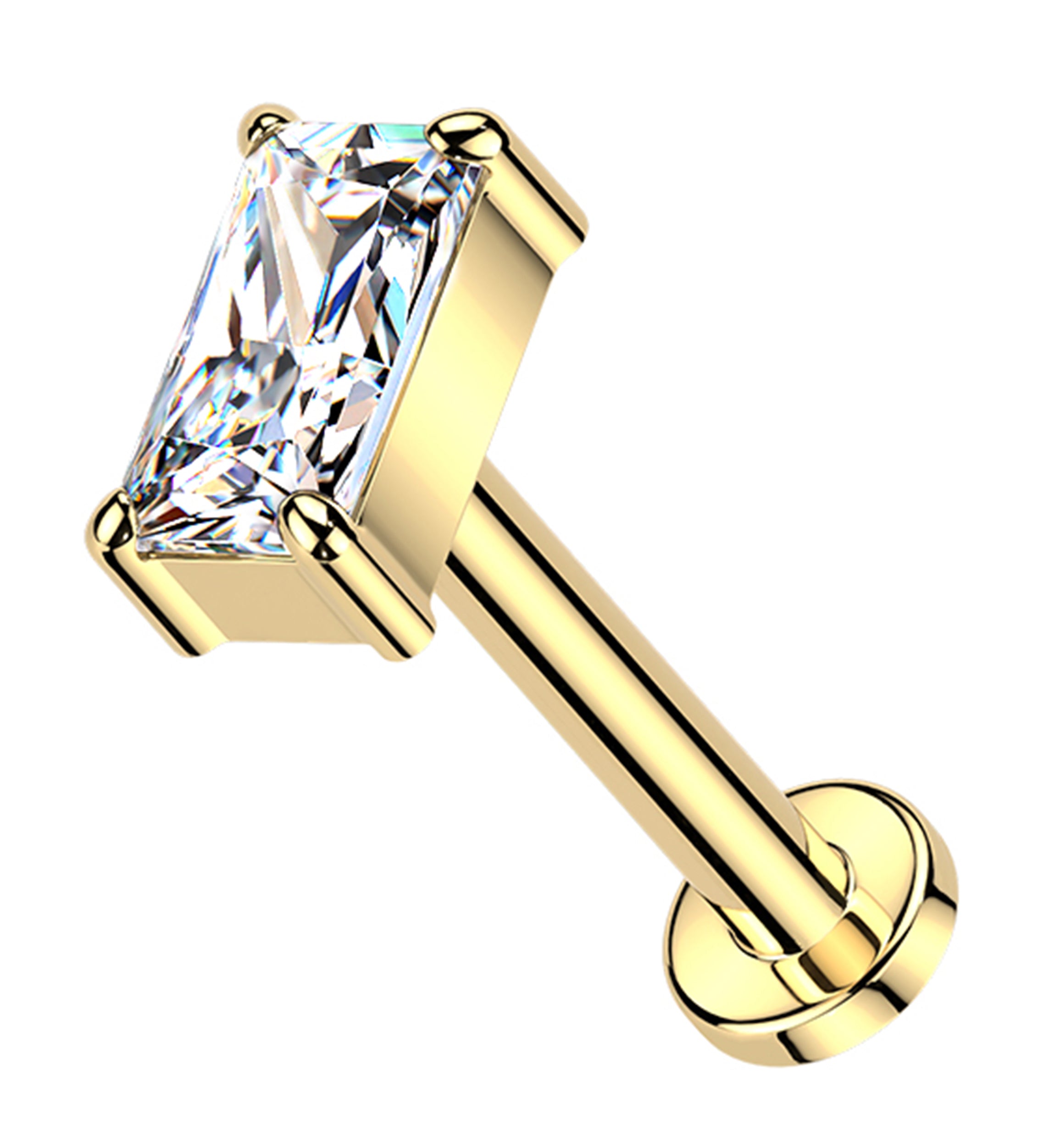 Gold PVD Rectangle Clear CZ Threadless Titanium Labret