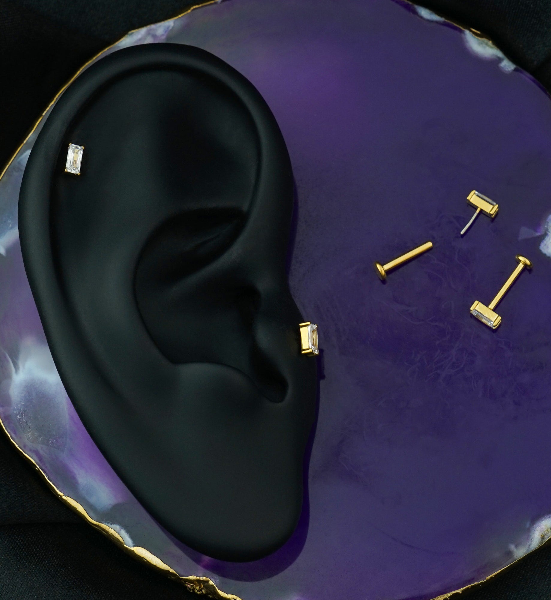 Gold PVD Rectangle Clear CZ Threadless Titanium Labret