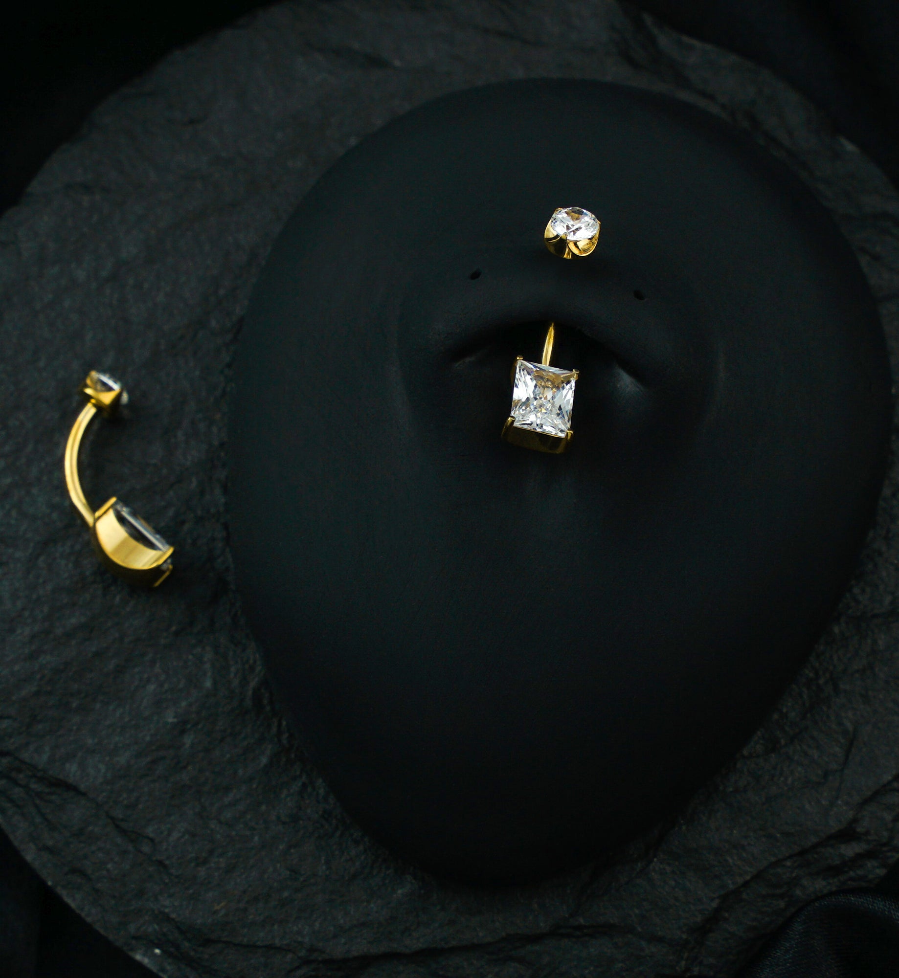 Gold PVD Rectangle Semi-Bezel Clear CZ Titanium Internally Threaded Belly Button Ring