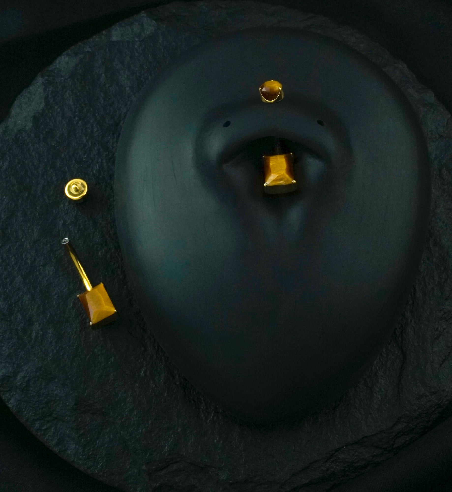 Gold PVD Rectangle Tiger Eye Stone Titanium Internally Threaded Belly Button Ring