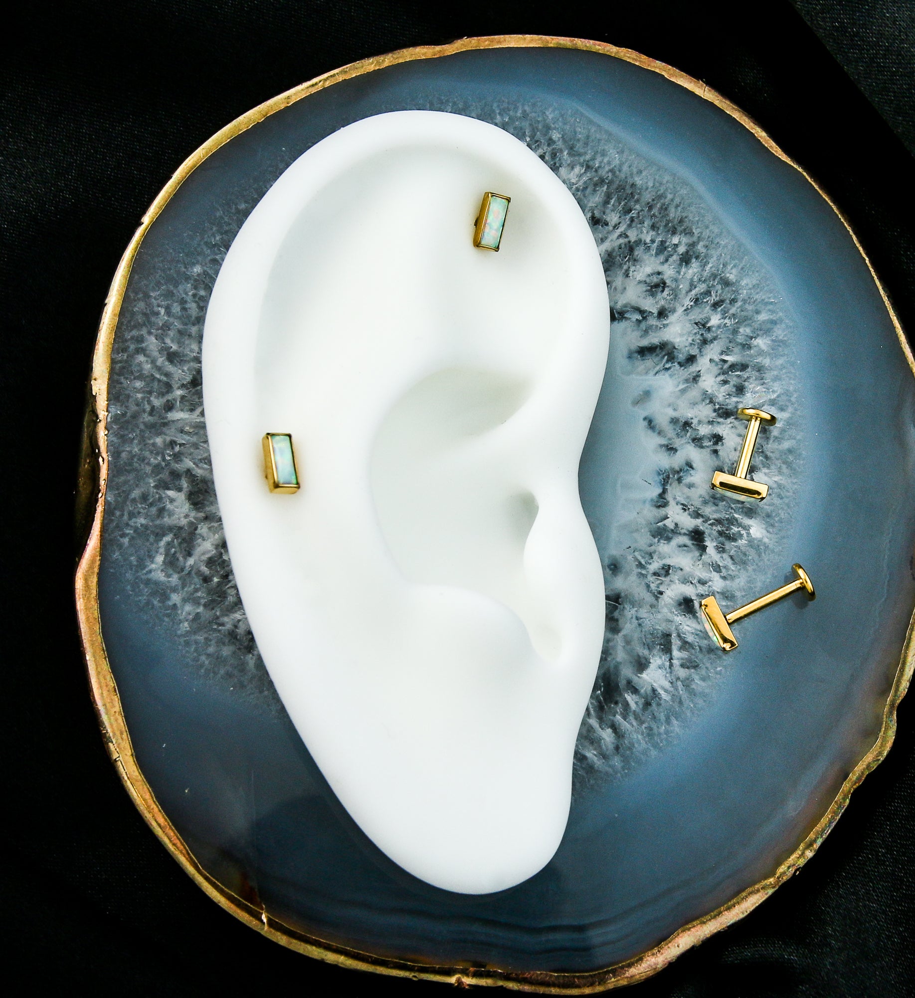 Gold PVD Rectangle White Opalite Internally Threaded Titanium Labret