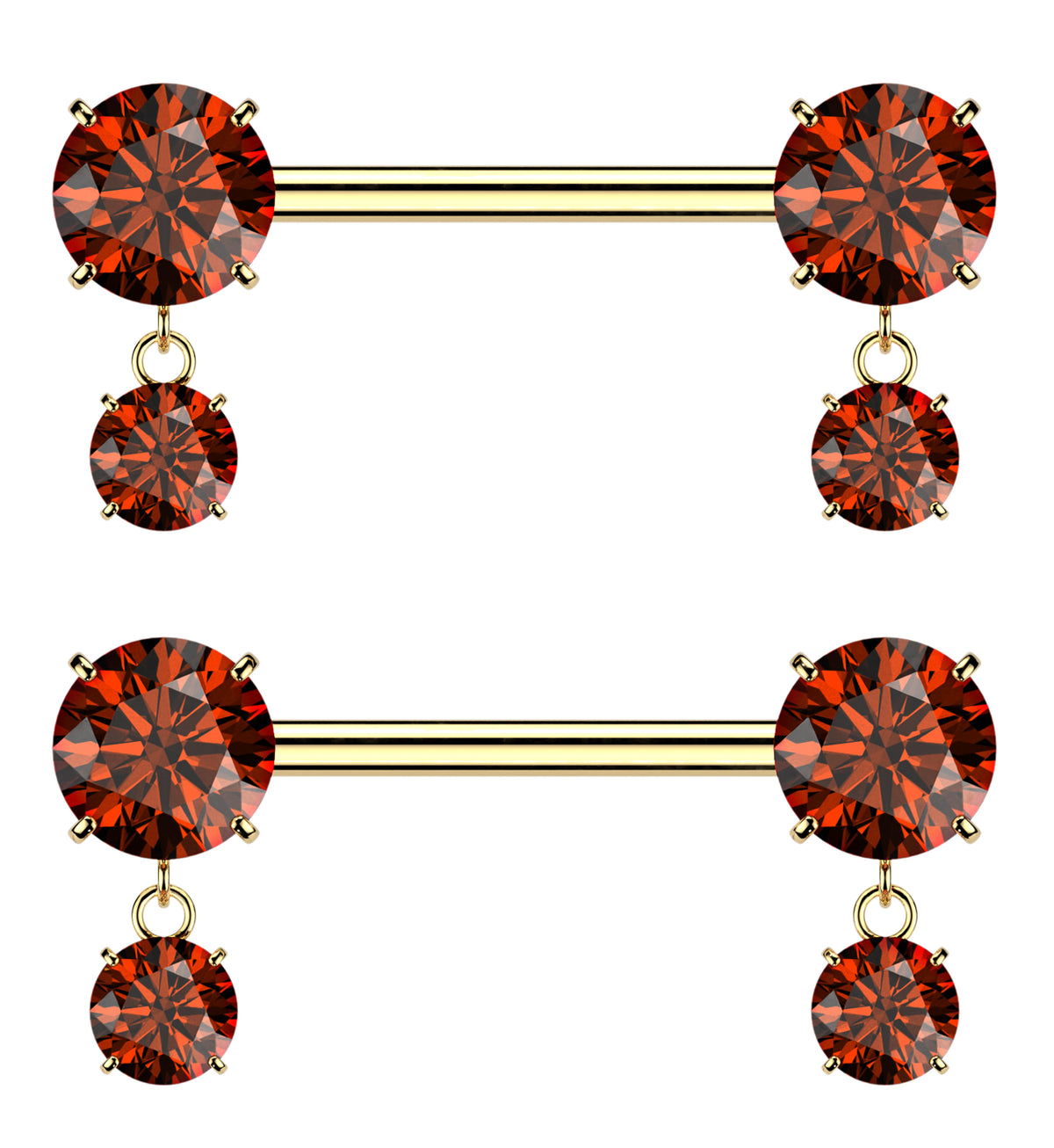 Gold PVD Red CZ Dangle Titanium Threadless Nipple Barbells