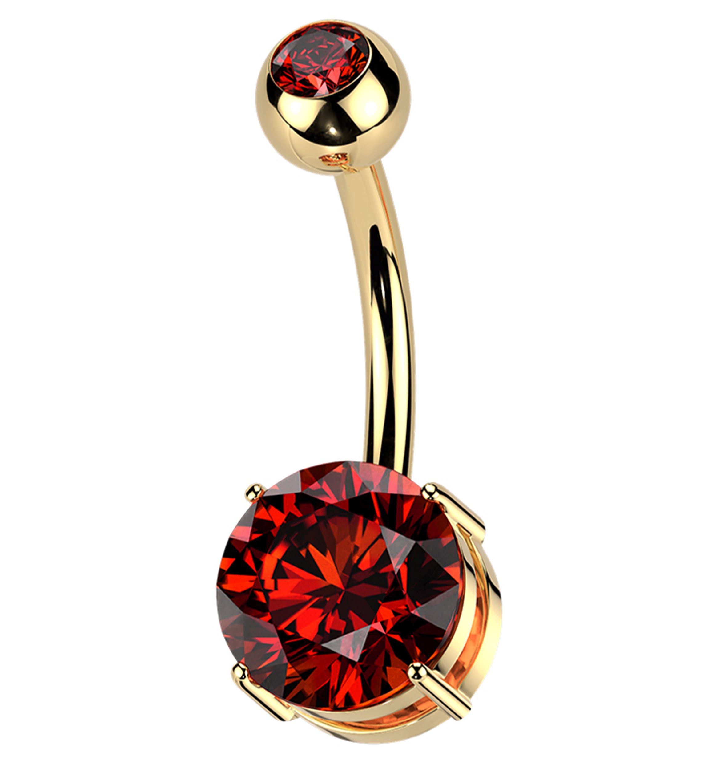 Gold PVD Red CZ Prong/Bezel Internally Threaded Titanium Belly Button Ring
