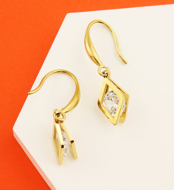 Gold PVD Rhombus Clear CZ Dangle Stainless Steel Earrings