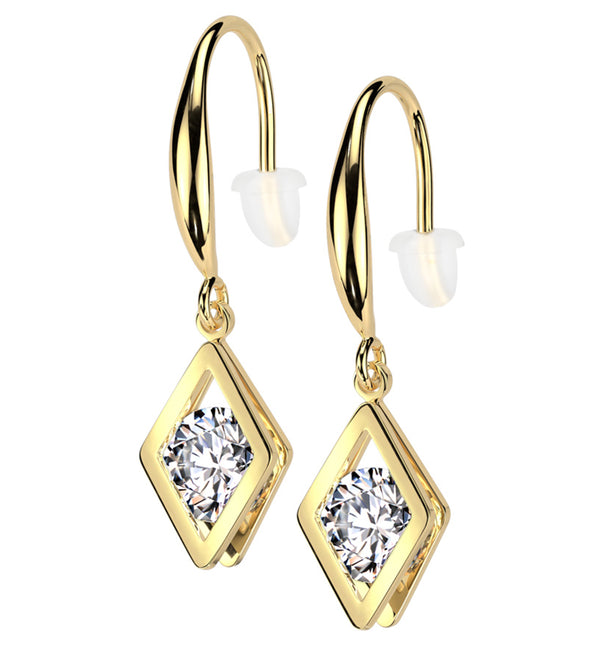 Gold PVD Rhombus Clear CZ Dangle Stainless Steel Earrings