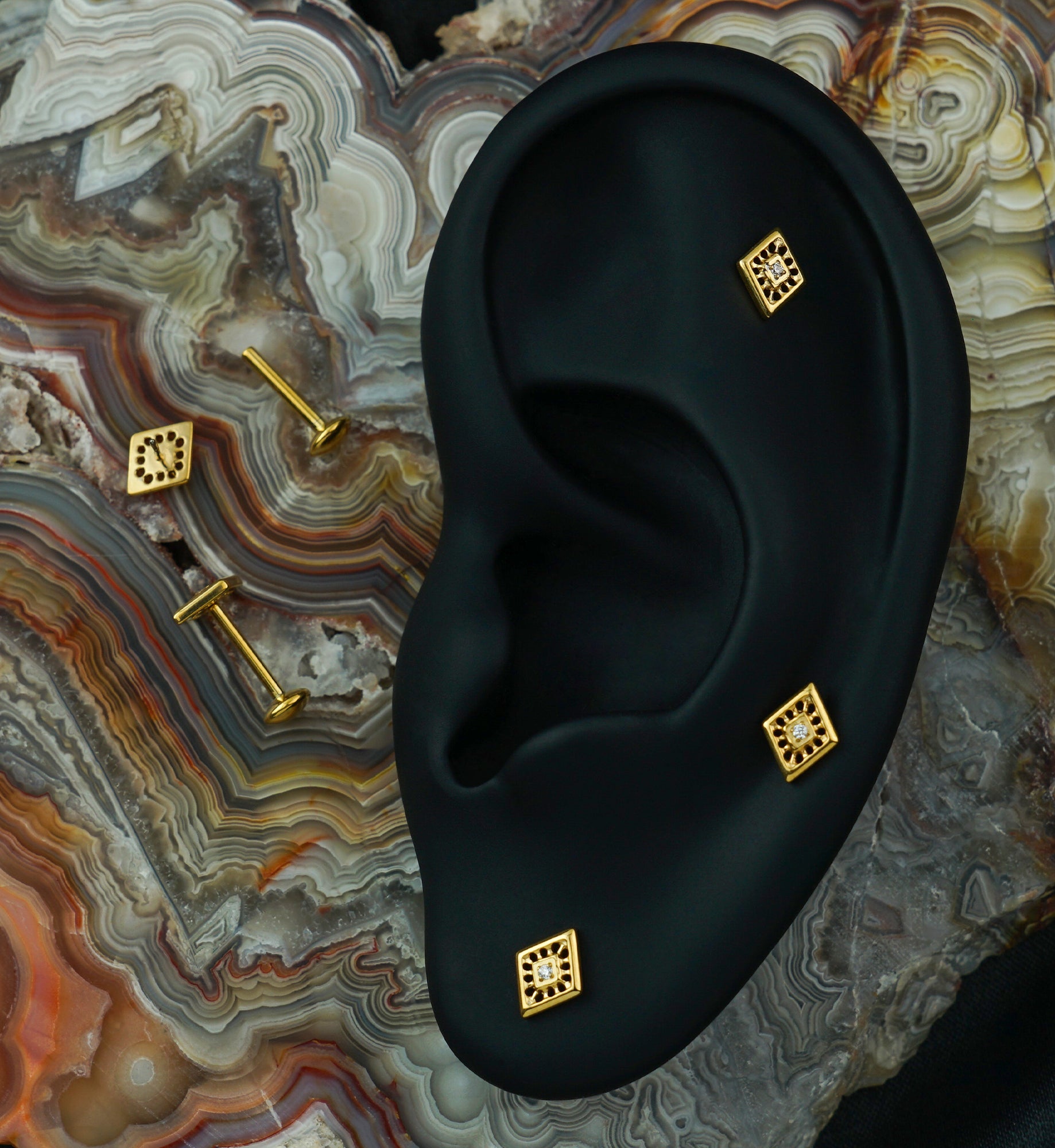 Gold PVD Rhombus Cut Out Clear CZ Threadless Titanium Labret