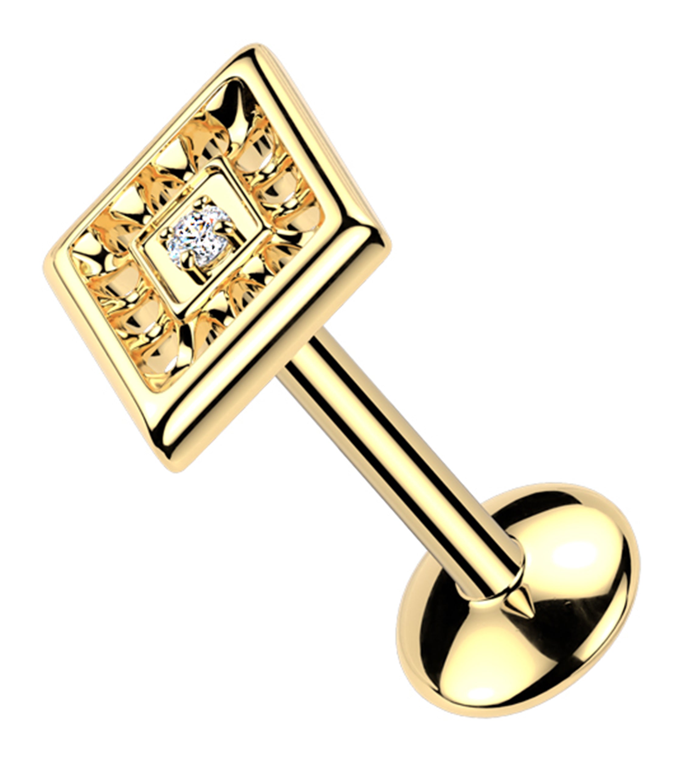 Gold PVD Rhombus Cut Out Clear CZ Threadless Titanium Labret