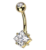 Gold PVD Rhombus Prong Clear CZ Titanium Belly Button Ring