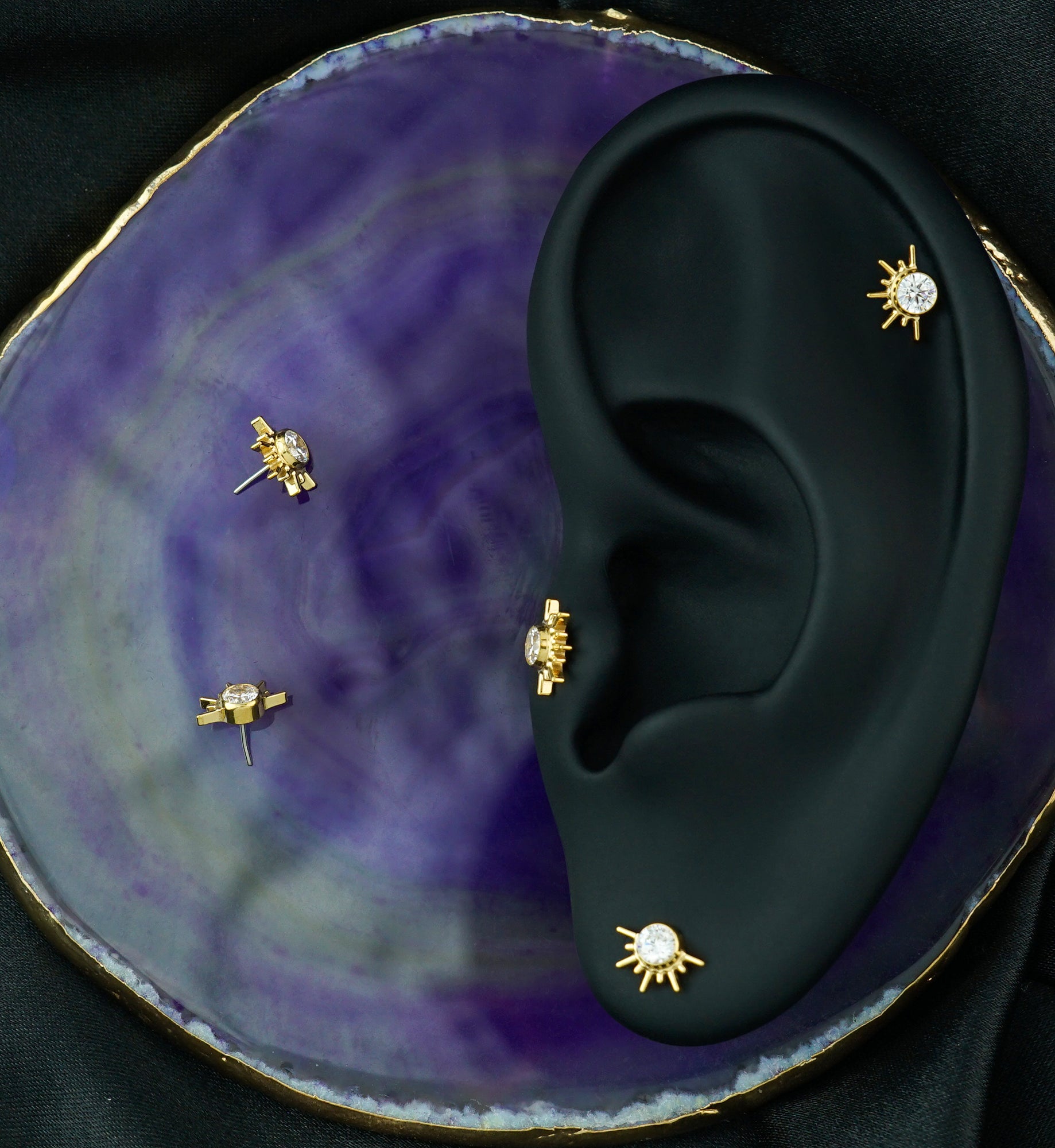 Gold PVD Rising Sun Clear CZ Titanium Threadless Top