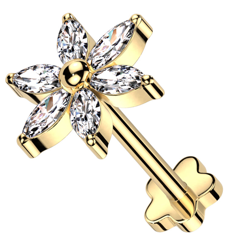 Gold PVD Senary Flower Clear CZ Flower Back  Threadless Titanium Labret