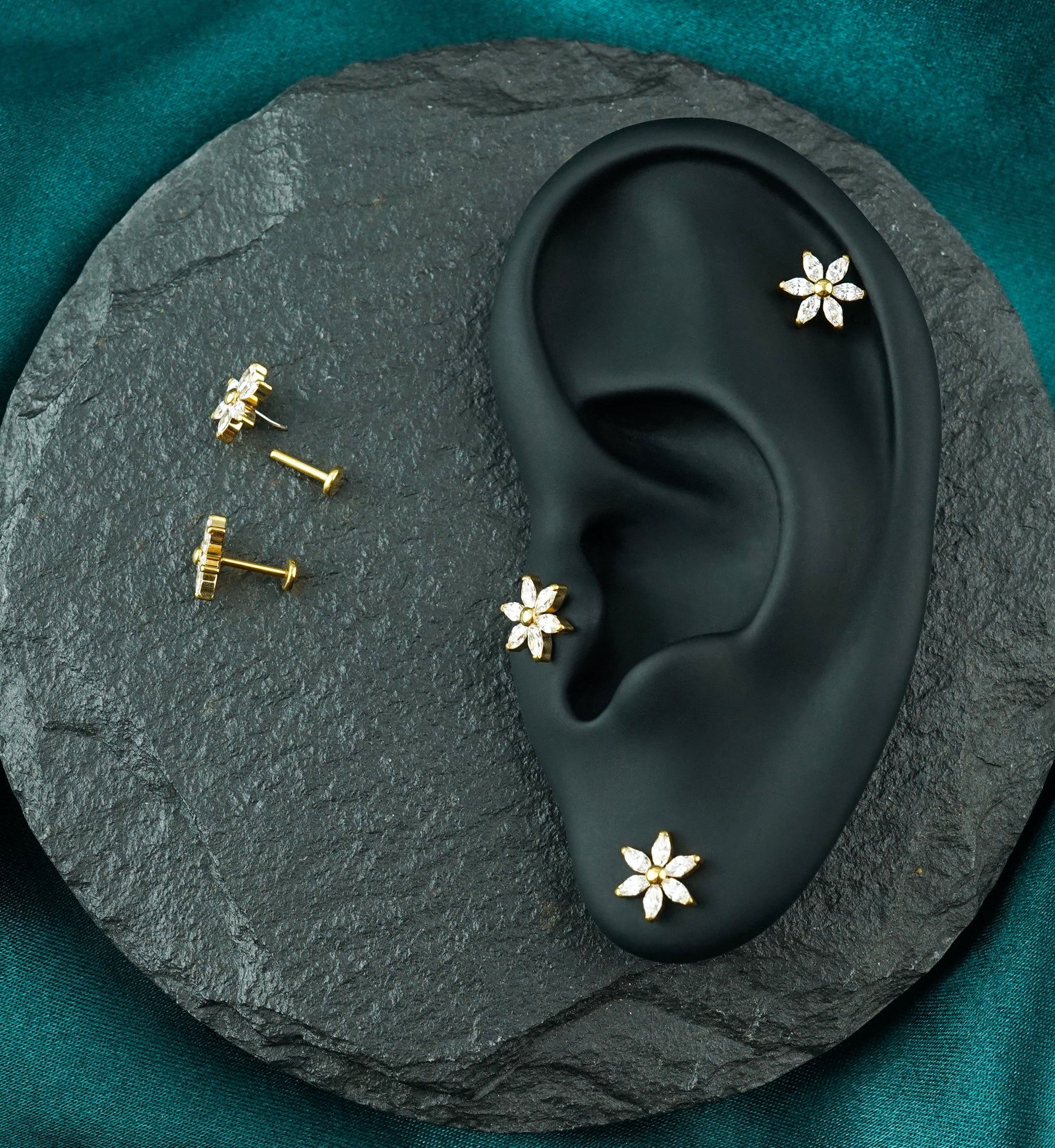 Gold PVD Senary Flower Clear CZ Threadless Titanium Labret